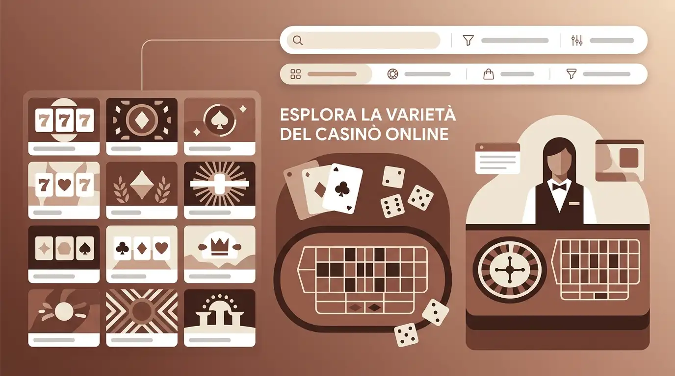 Illustrazione editoriale neutra di una catalogo giochi di casinò online con slot, carte, roulette live e campo di ricerca, senza loghi o titoli reali