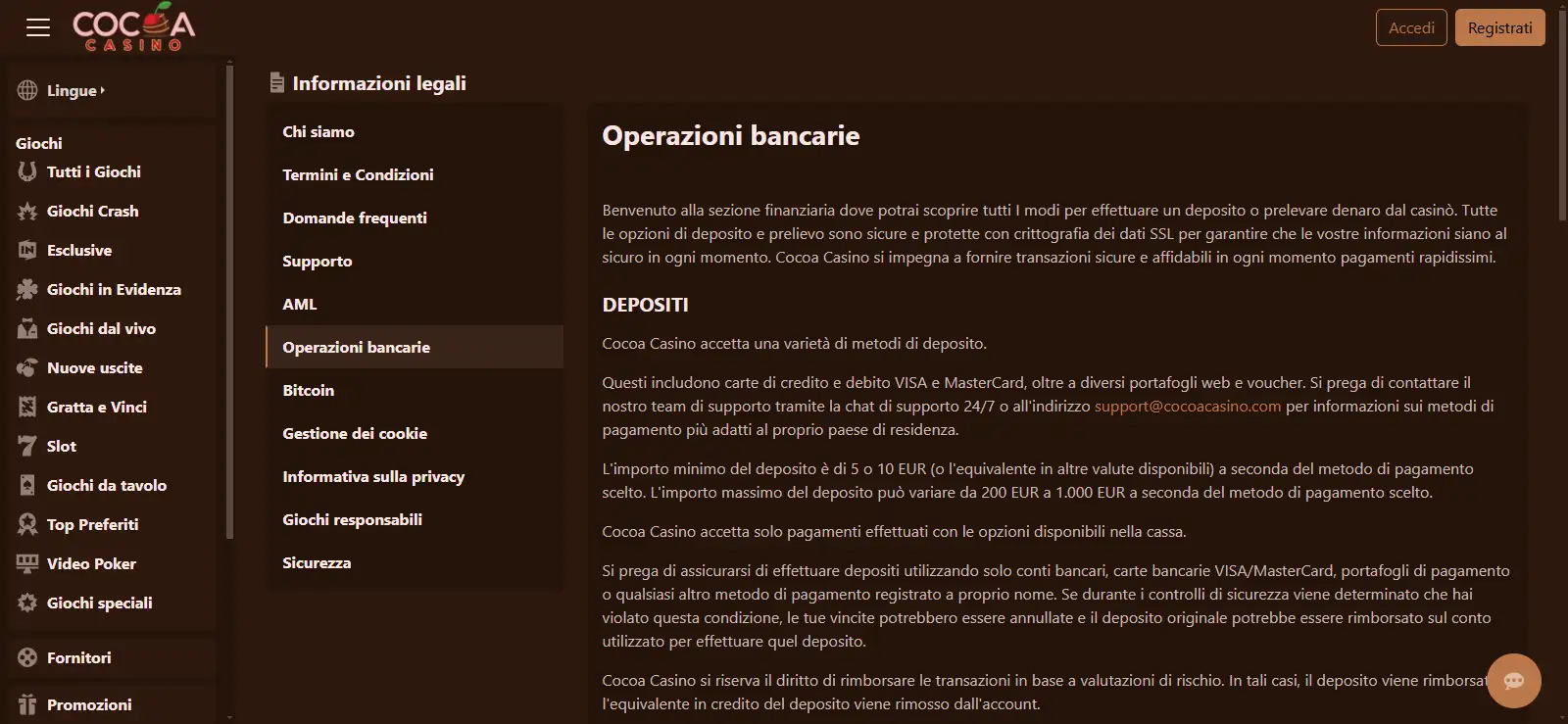 Pagina Banking Cocoa Casino con metodi di deposito, importi in EUR e disponibilità legata al Paese