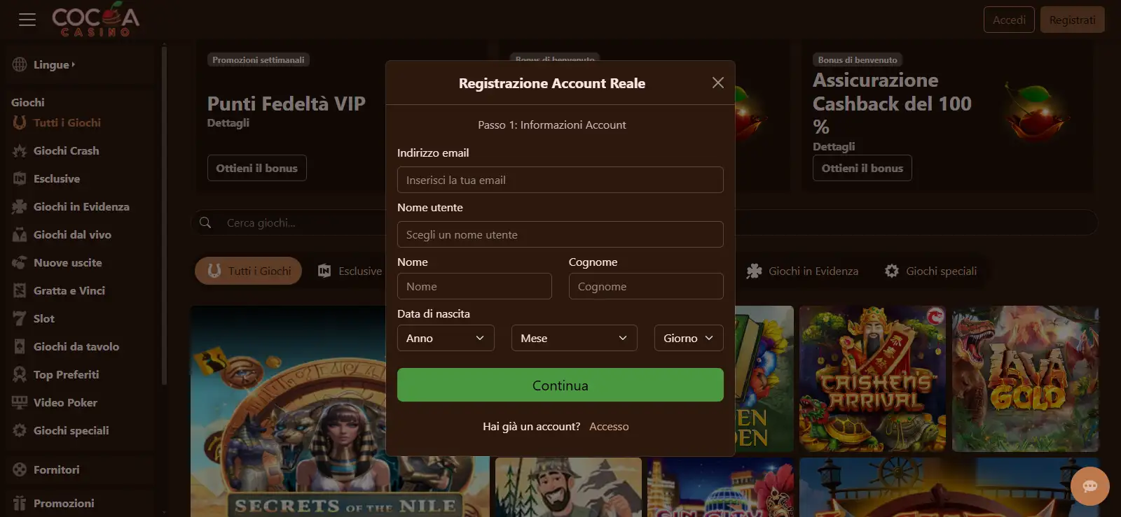 Modulo di registrazione Cocoa Casino con email, nome utente, nome, cognome e data di nascita