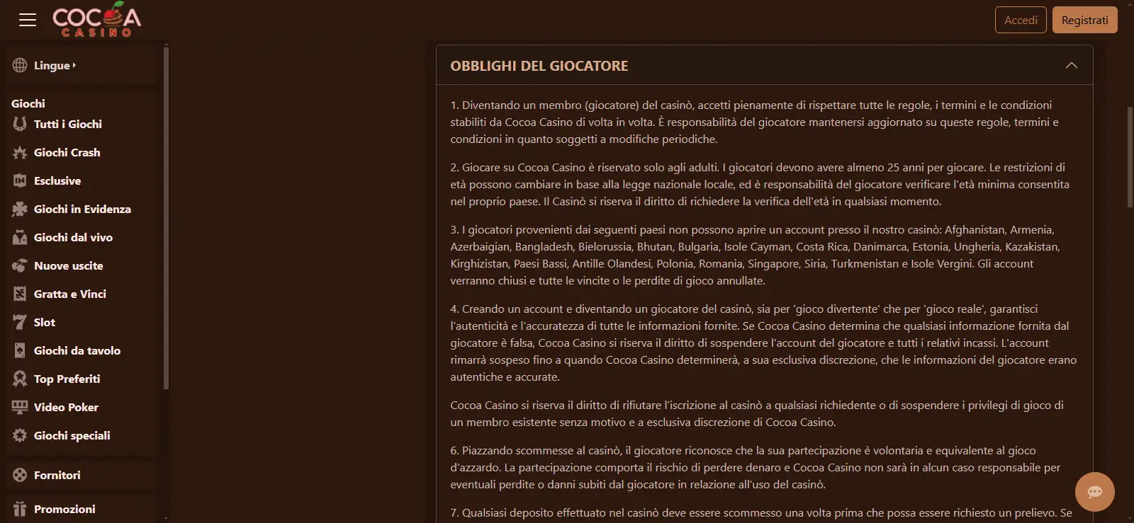 Termini Cocoa Casino con la lista dei Paesi soggetti a restrizione, senza l'Italia nell'elenco generale