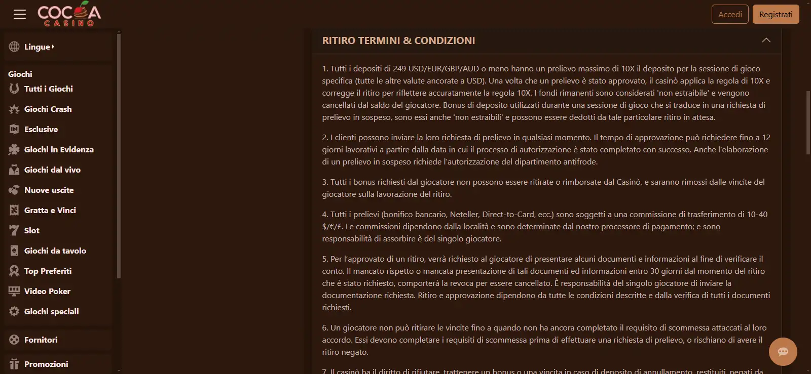 Termini Cocoa Casino con regole di prelievo, tempi di approvazione e limiti del conto