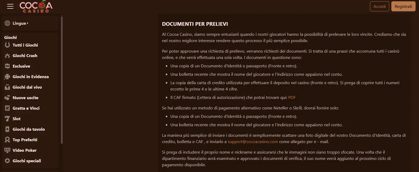Pagina Banking Cocoa Casino con elenco dei documenti richiesti per un prelievo