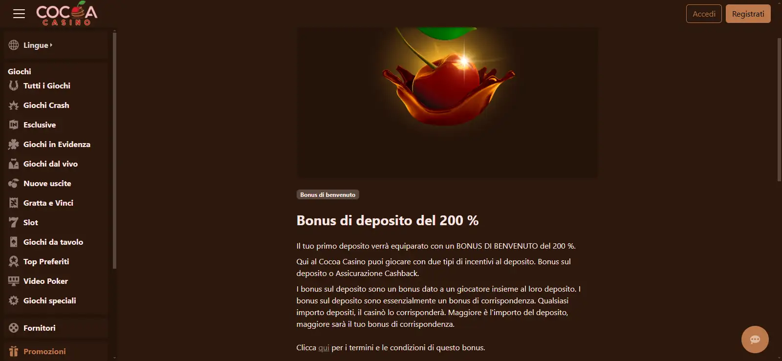 Promozioni Cocoa Casino con bonus deposito del 200% e cashback del 100%