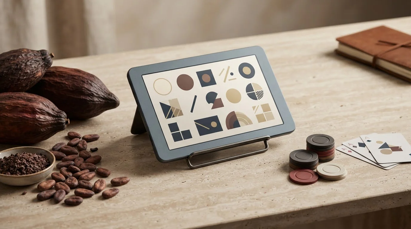 Illustrazione editoriale neutra con cacao, carte da gioco e un'interfaccia digitale astratta, senza marchi reali