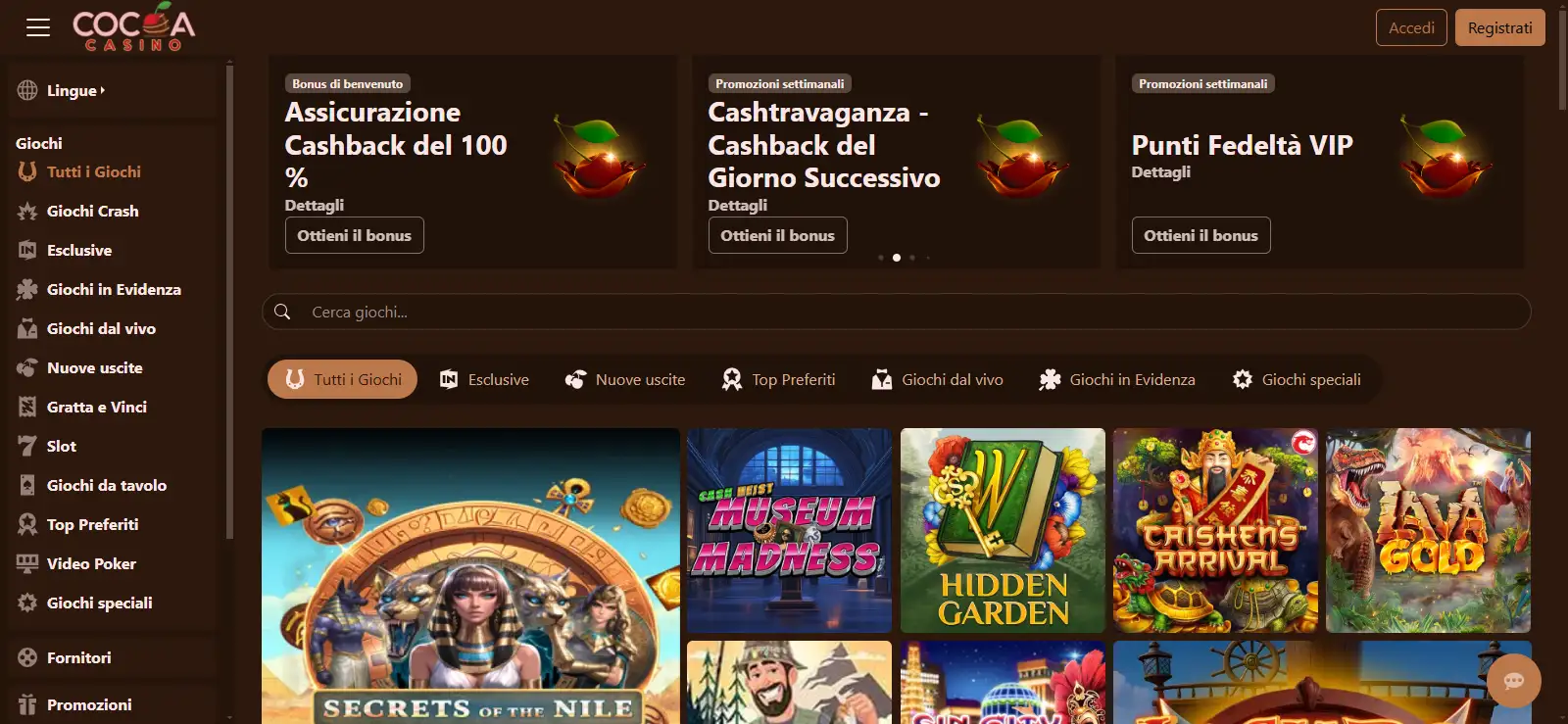 Homepage ufficiale Cocoa Casino in italiano con le offerte del 200% sul deposito e del 100% cashback
