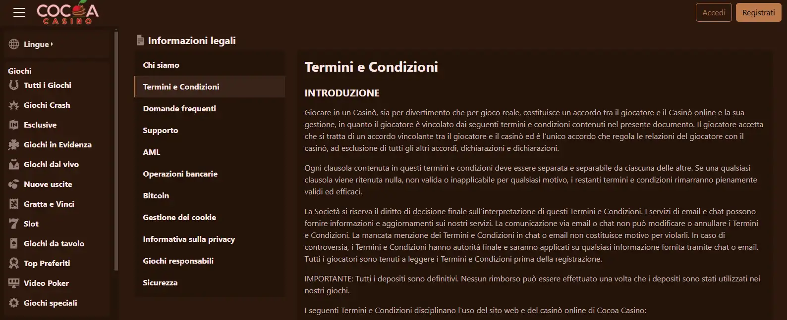 Termini Cocoa Casino con l'elenco dei Paesi soggetti a restrizione e le condizioni del conto